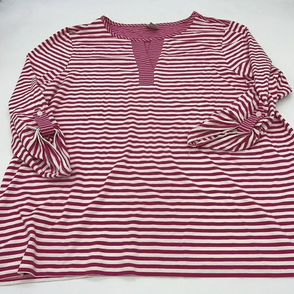 Chicos 3/4 Sleeve Blouse Top Women's 3 XL Pink White Striped V Neck Rayon